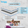 Marine mattress with layers labeled and a family on a bed, featuring Universal Mattresses branding.