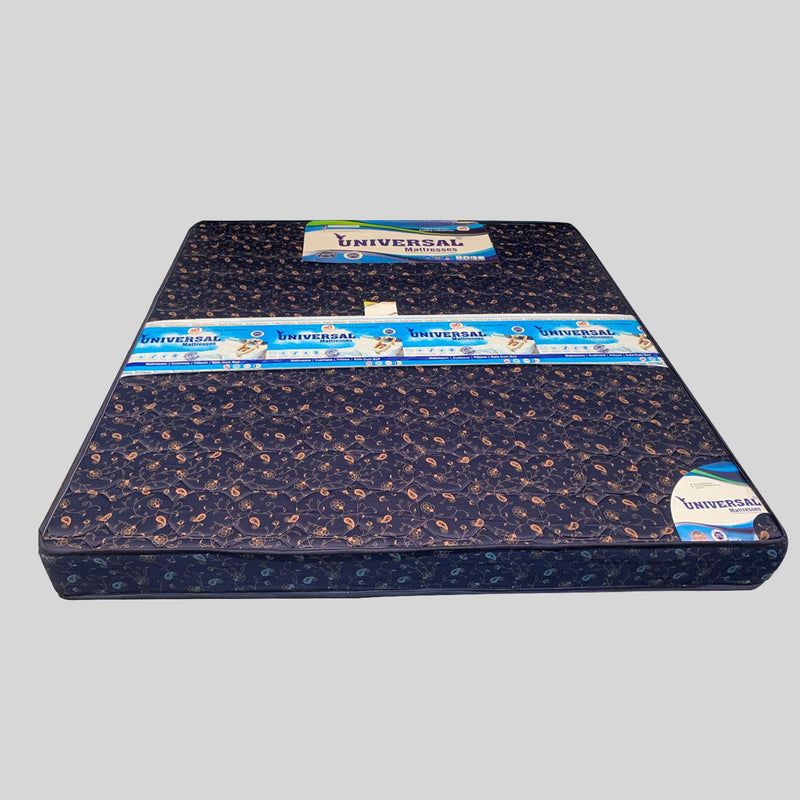 Blue textured mattress with 'Universal' branding on a gray background