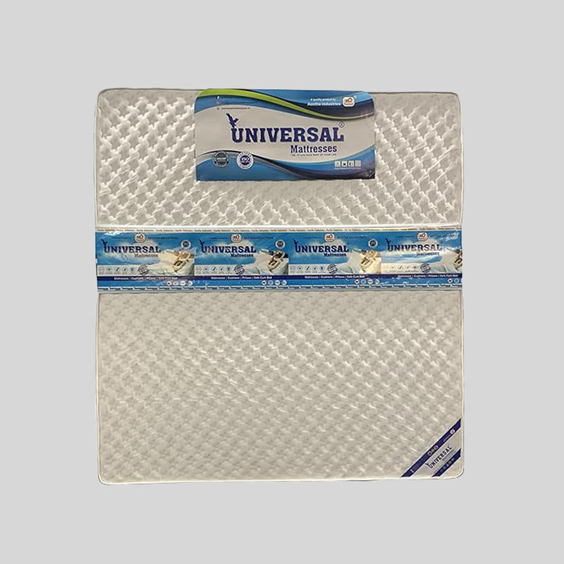 Mattress with 'Universal Mattresses' packaging on a gray background
