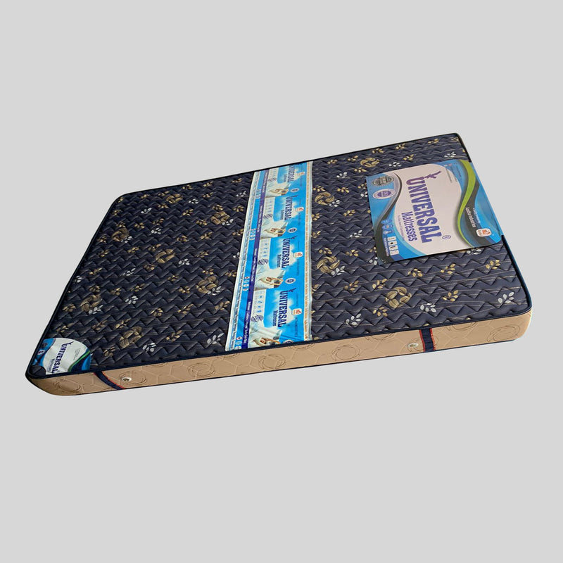 Black tufted bed with white bedding and 'Universal Mattresses' logo on a light gray background

