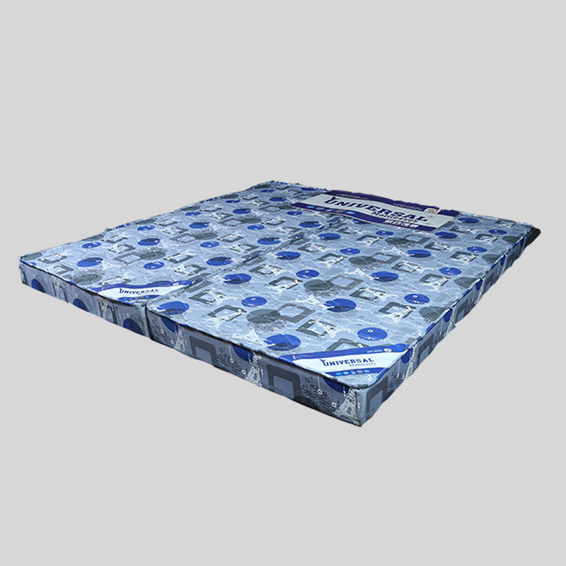 Two blue mattress toppers with 'Universal' branding on a gray background