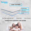 Cubby mattress with layers labeled and family photo at the bottom on a light gray background