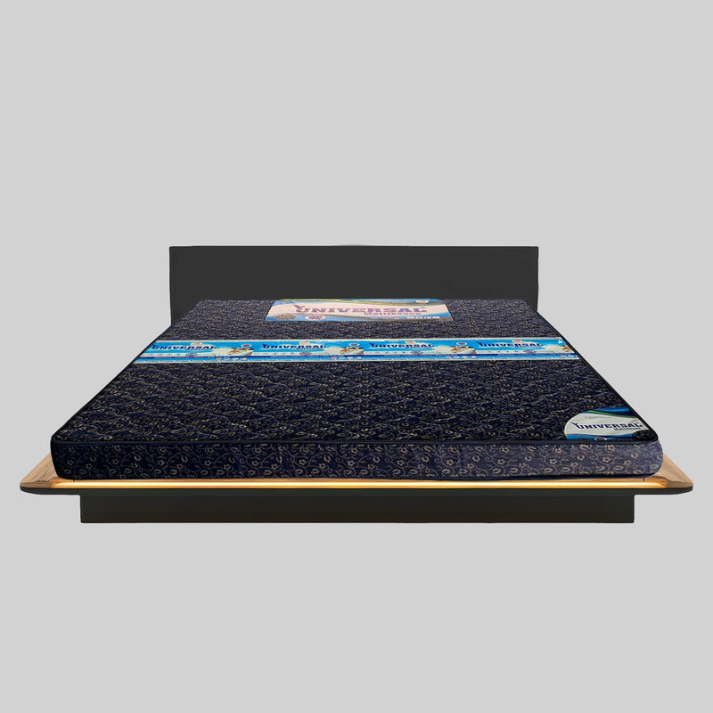 Mattress on a wooden frame with 'Truvenso' branding on a gray background