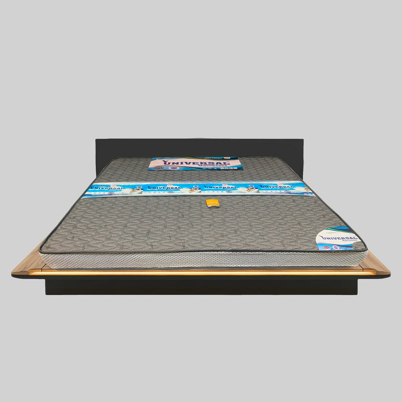 Mattress with Universal brand packaging on a gray background